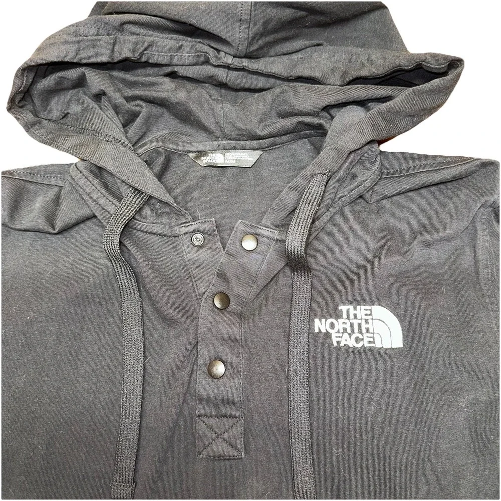 North Face Hoodie Men's M Long Sleeve Black Cotton Hooded Pullover 1/4 Snap FLAW
